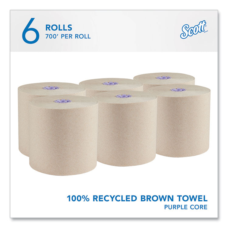 Scott® Essential 100% Recycled Fiber Hard Roll Towel, 1-Ply, 8" x 700 ft, 1.75" Core, Brown, 6 Rolls/Carton (KCC54038) Case of 6