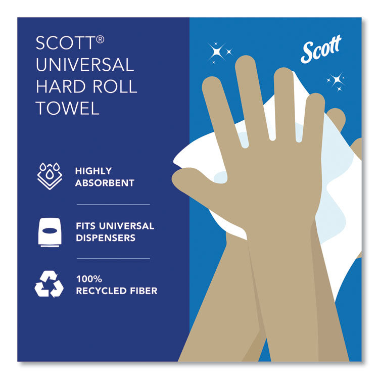 Scott® Essential 100% Recycled Fiber Hard Roll Towel, 1-Ply, 8" x 800 ft, 1.5" Core, White, 12 Rolls/Carton (KCC01052)