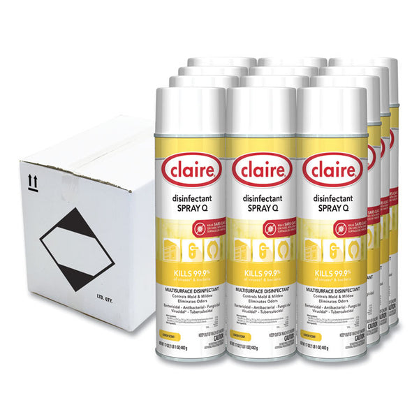 Claire® Spray Q Disinfectant, Lemon Scent, 17 oz Aerosol Spray, Dozen (CGC1002)