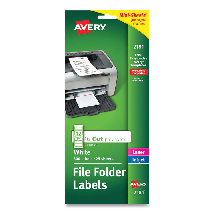 Avery® Mini-Sheets Permanent File Folder Labels, 0.66 x 3.44, White, 12/Sheet, 25 Sheets/Pack (AVE2181)