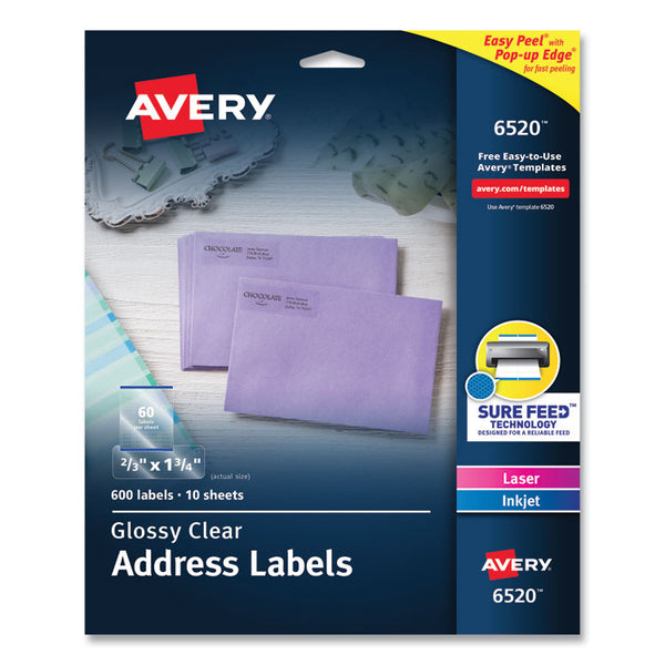 Avery® Glossy Clear Easy Peel Mailing Labels w/ Sure Feed Technology, Inkjet/Laser Printers, 0.66 x 1.75, 60/Sheet, 10 Sheets/PK (AVE6520)