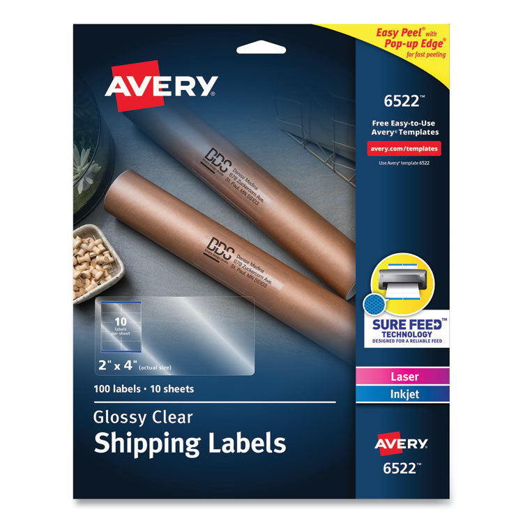 Avery® Glossy Clear Easy Peel Mailing Labels w/ Sure Feed Technology, Inkjet/Laser Printers, 2 x 4, Clear, 10/Sheet, 10 Sheets/Pack (AVE6522)