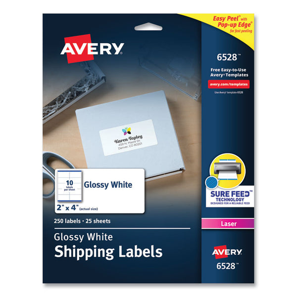 Avery® Glossy White Easy Peel Mailing Labels w/ Sure Feed Technology, Laser Printers, 2 x 4, White, 10/Sheet, 25 Sheets/Pack (AVE6528)