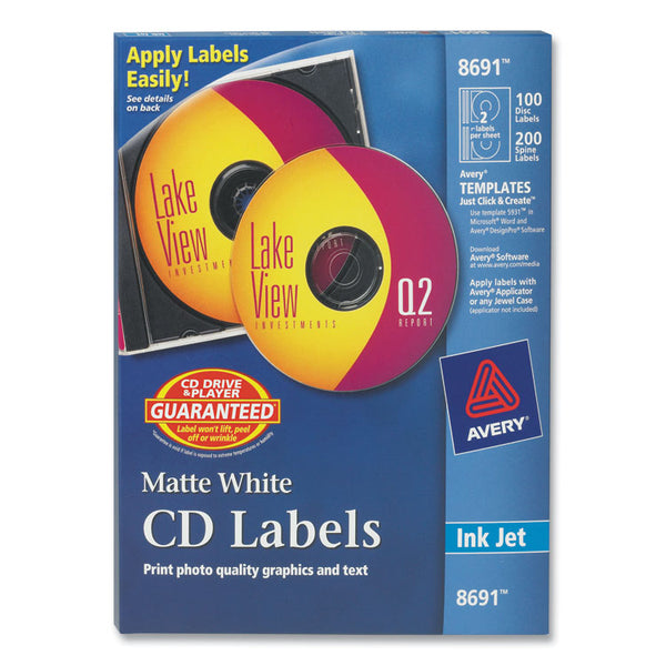 Avery® Inkjet CD Labels, Matte White, 100/Pack (AVE8691)