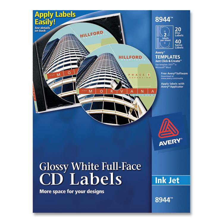 Avery® Inkjet Full-Face CD Labels, Glossy White, 20/Pack (AVE8944)