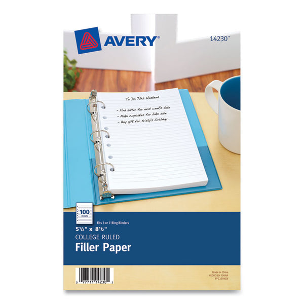 Avery® Mini Size Binder Filler Paper, 7-Hole Side Punched, 5.5 x 8.5, College Rule, 100/Pack (AVE14230)