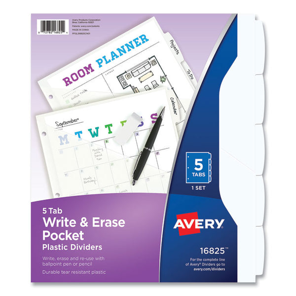 Avery® Write and Erase Durable Plastic Dividers with Straight Pocket, 5-Tab, 11.13 x 9.25, White, 1 Set (AVE16825)