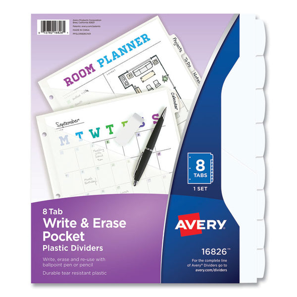 Avery® Write and Erase Durable Plastic Dividers with Straight Pocket, 8-Tab, 11.13 x 9.25, White, 1 Set (AVE16826)