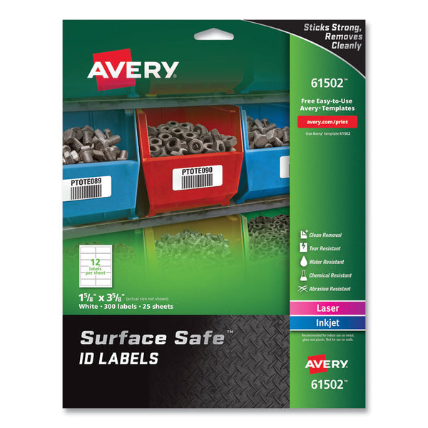 Avery® Surface Safe ID Labels, Inkjet/Laser Printers, 1.63 x 3.63, White, 12/Sheet, 25 Sheets/Pack (AVE61502)