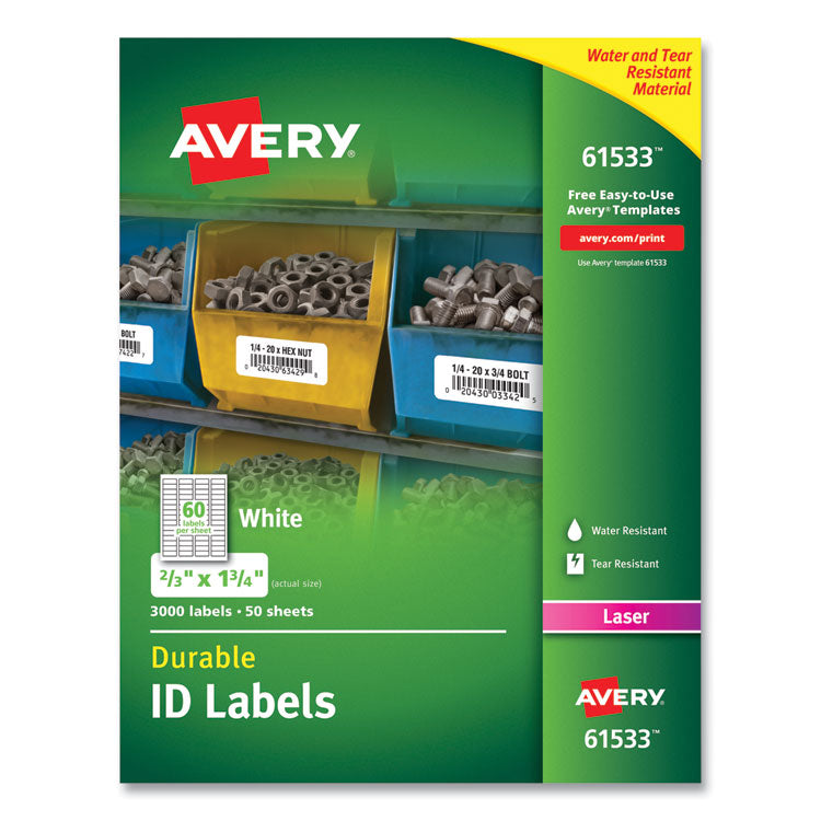 Avery® Durable Permanent ID Labels with TrueBlock Technology, Laser Printers, 0.66 x 1.75, White, 60/Sheet, 50 Sheets/Pack (AVE61533)