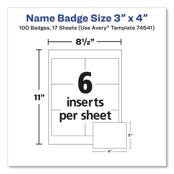 Avery® Clip-Style Name Badge Holder with Laser/Inkjet Insert, Top Load, 4 x 3, White, 100/Box (AVE74541)