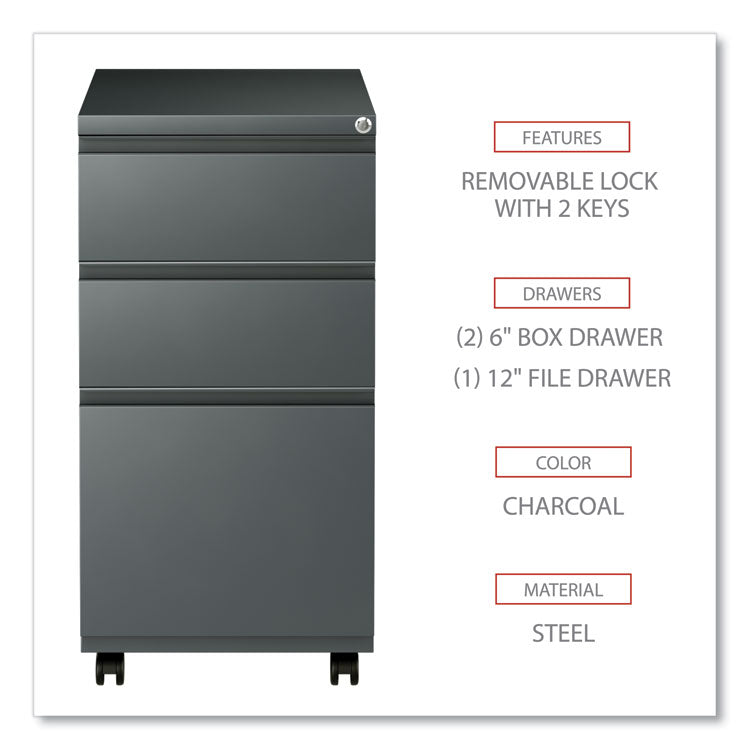 Alera® File Pedestal with Full-Length Pull, Left or Right, 3-Drawers: Box/Box/File, Legal/Letter, Charcoal, 14.96" x 19.29" x 27.75" (ALEPBBBFCH)