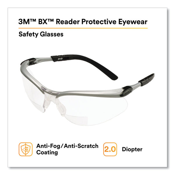 3M™ BX Molded-In Diopter Safety Glasses, +2.0 Diopter Strength, Black/Silver Plastic Frame, Clear Polycarbonate Lens (MMM1137500000)