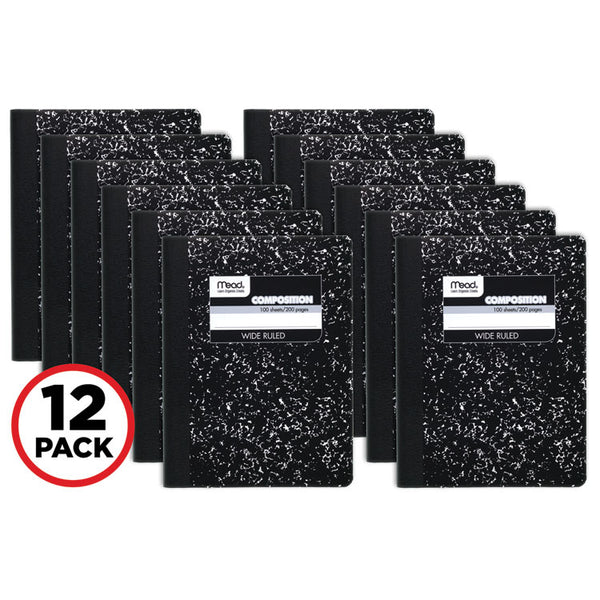 Mead® Square Deal Composition Book, 3-Subject, Wide/Legal Rule, Black Cover, (100) 9.75 x 7.5 Sheets, 12/Pack (MEA72936)