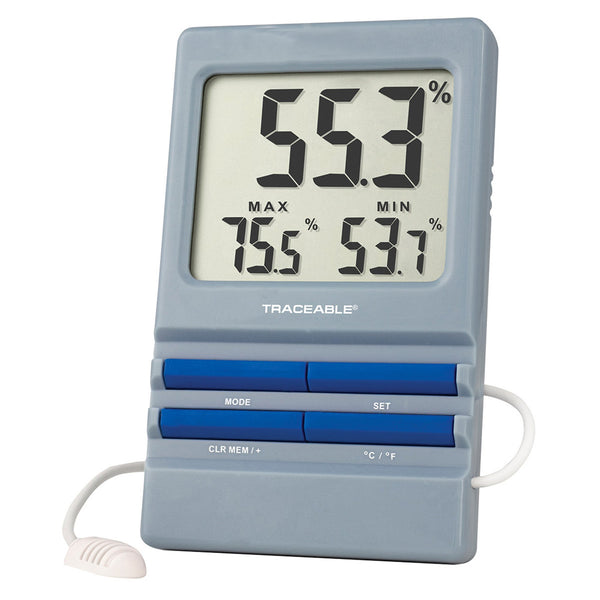 Traceable® Digital Thermometer / Hygrometer with Alarm Fahrenheit / Celsius -58° to +158°F (-50° to +70°C) External Probe Desk / Wall Mount Battery Operated (978196_EA) 1/EA
