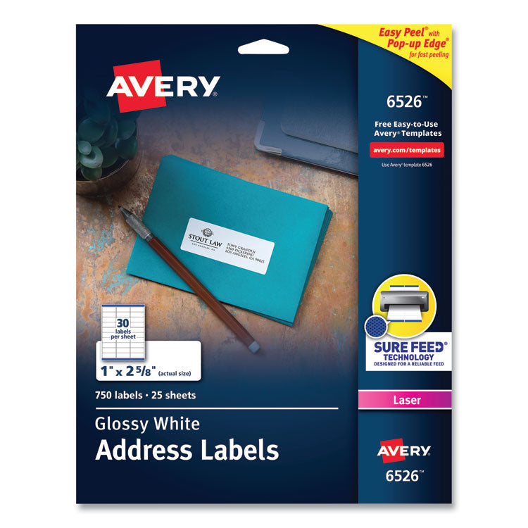 Avery Glossy White Easy Peel Mailing Labels w/ Sure Feed Technology, Laser Printers, 1 x 2.63, White, 30/Sheet, 25 Sheets/Pack (AVE6526)