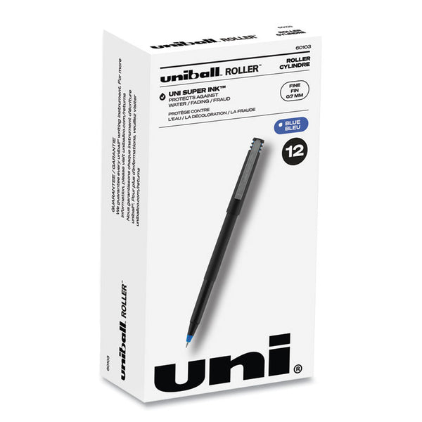 uniball® Roller Ball Pen, Stick, Fine 0.7 mm, Blue Ink, Black/Blue Barrel, Dozen (UBC60103)