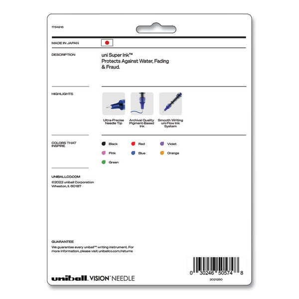 uniball® VISION Needle Roller Ball Pen, Stick, Fine 0.7 mm, Assorted Ink and Barrel Colors, 8/Pack (UBC1734916) Set of 8
