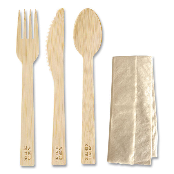 World Centric® Bamboo Cutlery, Knife/Fork/Spoon/Napkin, 6.7", Natural, 250/Carton (WORASBBTN)
