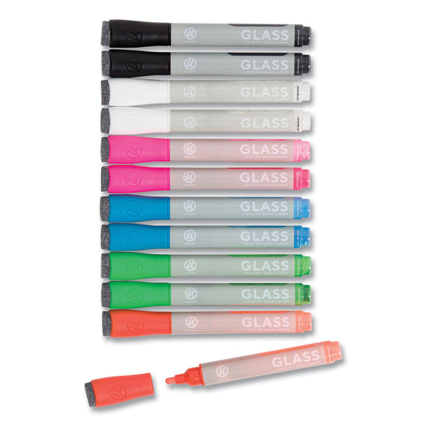 U Brands Bullet Tip Low-Odor Liquid Glass Markers with Erasers, Broad Bullet Tip, Assorted Colors, 12/Pack (UBR2913U0012) Pack of 12