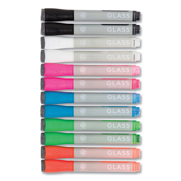 U Brands Bullet Tip Low-Odor Liquid Glass Markers with Erasers, Broad Bullet Tip, Assorted Colors, 12/Pack (UBR2913U0012)