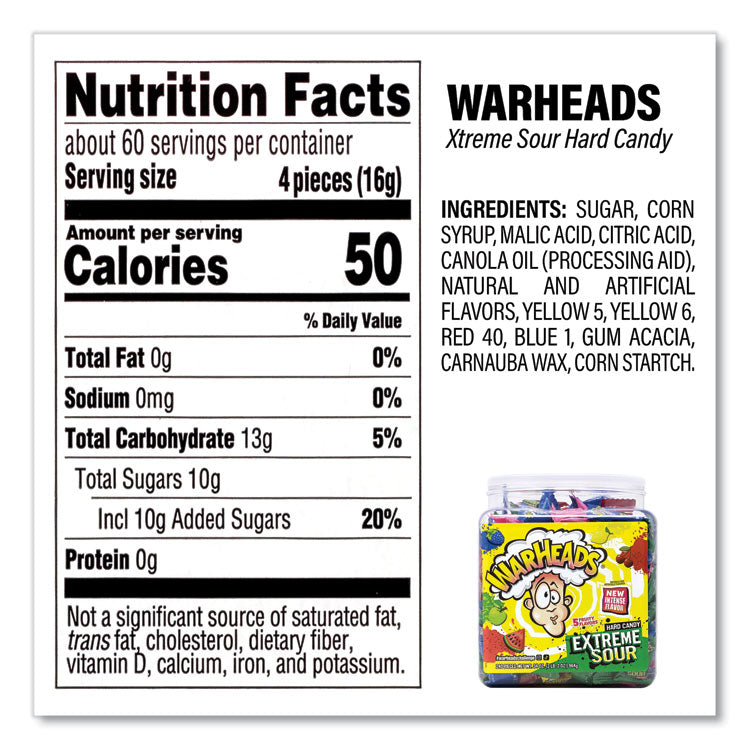 WARHEADS® Xtreme Sour Hard Candy, Assorted Flavors, 34 oz Tub, Ships in 1-3 Business Days (GRR22002140) Each