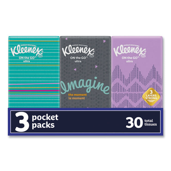 Kleenex® On The Go Packs Facial Tissues, 3-Ply, White, 10 Sheets/Pouch, 3 Pouches/Pack, 36 Packs/Carton (KCC11976) Case of 36