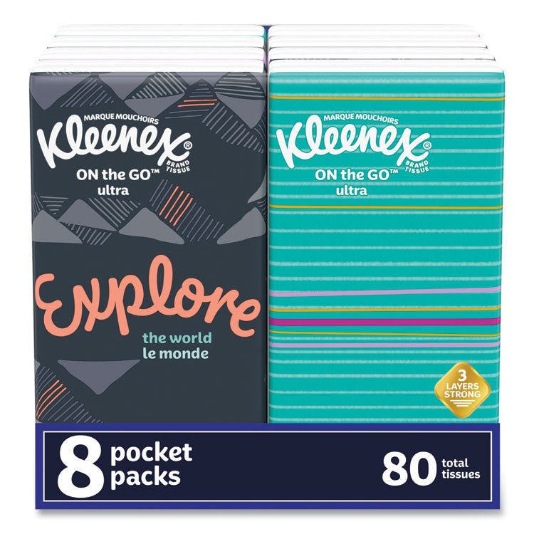 Kleenex® On The Go Packs Facial Tissues, 3-Ply, White, 10 Sheets/Pouch, 8 Pouches/Pack, 12 Packs/Carton (KCC46651CT) Case of 12