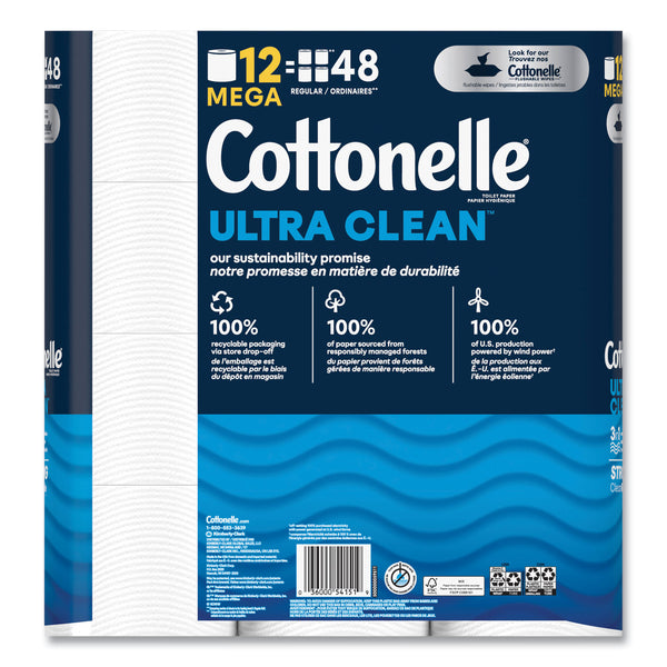 Cottonelle® Ultra CleanCare Toilet Paper, Strong Tissue, Mega Rolls, Septic Safe, 1-Ply, White, 284/Roll, 12 Rolls/Pack, 48 Rolls/Carton (KCM55489) Case of 48