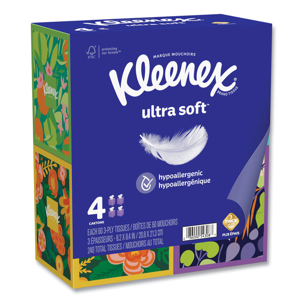 Kleenex® Ultra Soft Facial Tissue, 3-Ply, White, 60 Sheets/Box, 4 Boxes/Pack, 12 Packs/Carton (KCM54308) Case of 12