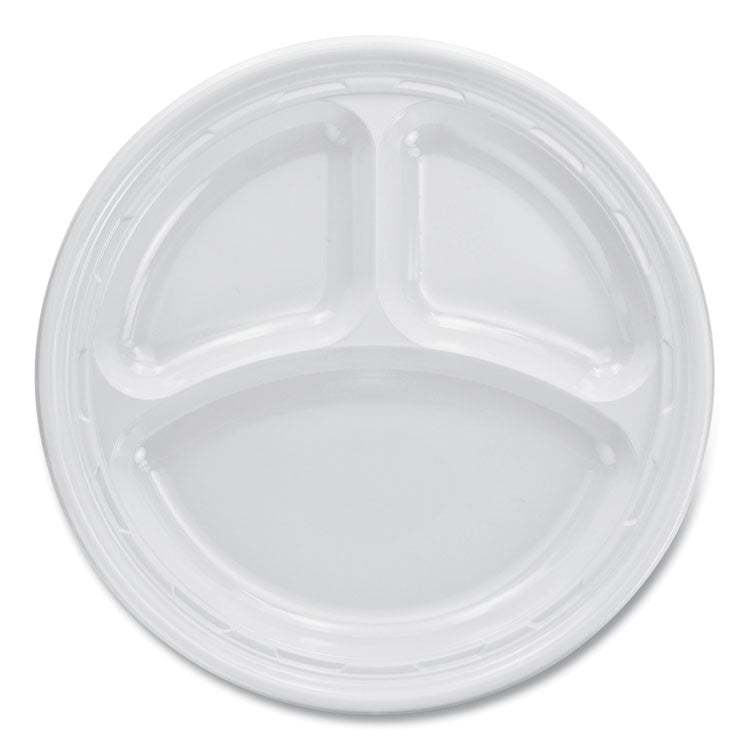 Dart® Plastic Plates, 3-Compartment, 9" dia, White, 125/Pack, 4 Packs/Carton (DCC9CPWF)