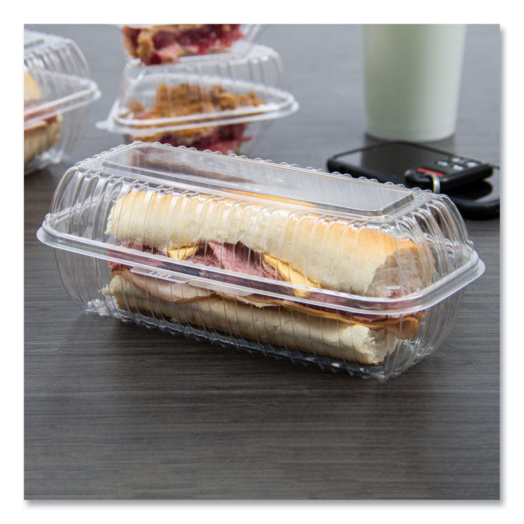 Dart® Showtime Clear Hinged Containers, Hoagie Container, 29.9 oz, 5.1 x 9.9 x 3.5, Clear, Plastic, 100/Bag 2 Bags/Carton (DCCC99HT1) 2 Bags of 100