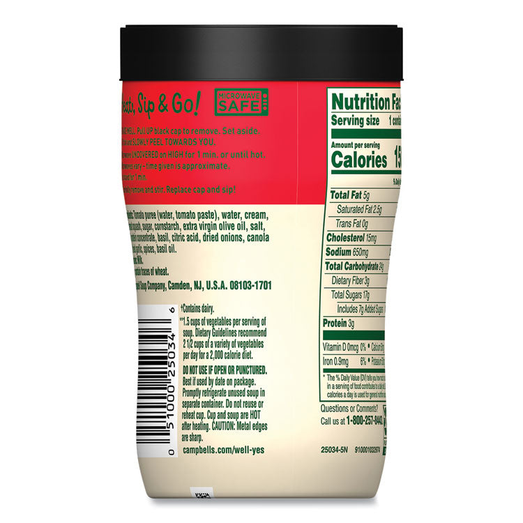 Campbell's® Well Yes Tomato and Sweet Basil Sipping Soup, 11.2 oz Cup, 8/Carton, Ships in 1-3 Business Days (GRR35100015) Case of 8