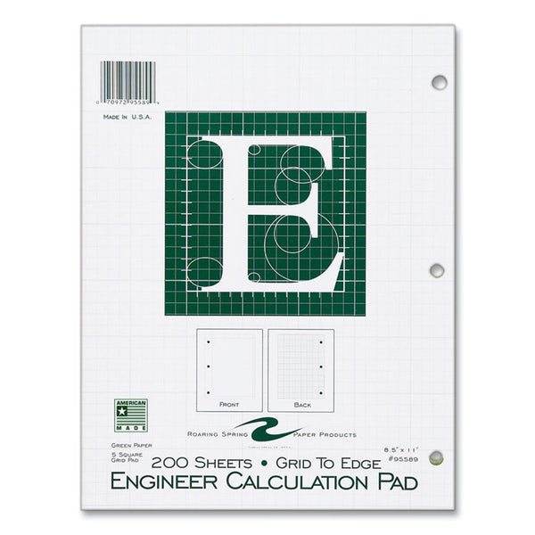 Roaring Spring® Engineer Pad, (1.25" Margin), Quad Rule (5 sq/in, 1 sq/in), 200 Lt Green 8.5x11 Sheets/Pad, 12/CT, Ships in 4-6 Business Days (ROA95589CS)
