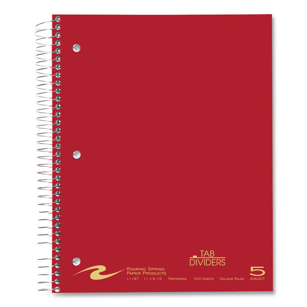 Roaring Spring® Wirebound Notebook with Tabs, 5-Subject, College Rule, Randomly Assorted Cover Color, (200) 11 x 8.5 Sheets, 12/Carton (ROA11197CS)