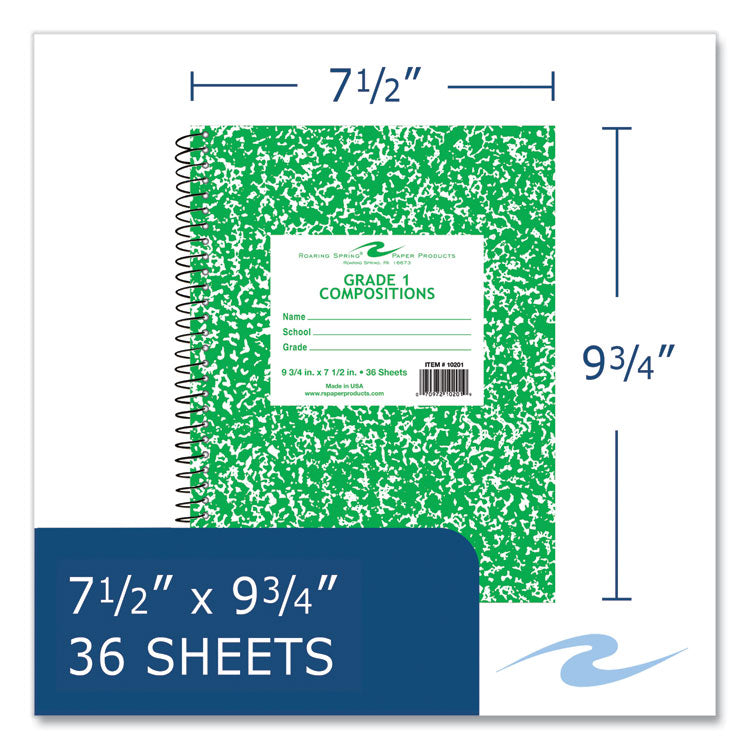 Roaring Spring® Wirebound Composition Book, 1 Subject, Manuscript Format, Green Cover, (36) 9.75 x 7.5 Sheet, 48/CT, Ships in 4-6 Bus Days (ROA10201CS)