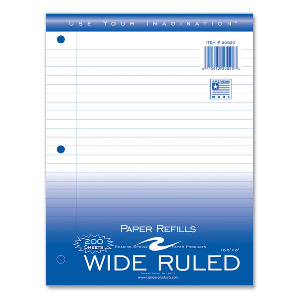 Roaring Spring® Loose Leaf Paper, 8 x 10.5, 3-Hole Punched, Wide Rule, White, 200 Sheets/Pack, 24 Packs/Carton , Ships in 4-6 Business Days (ROA20020CS)