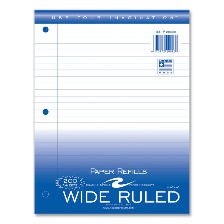 Roaring Spring® Loose Leaf Paper, 8 x 10.5, 3-Hole Punched, Wide Rule, White, 200 Sheets/Pack, 24 Packs/Carton , Ships in 4-6 Business Days (ROA20020CS) Case of 24