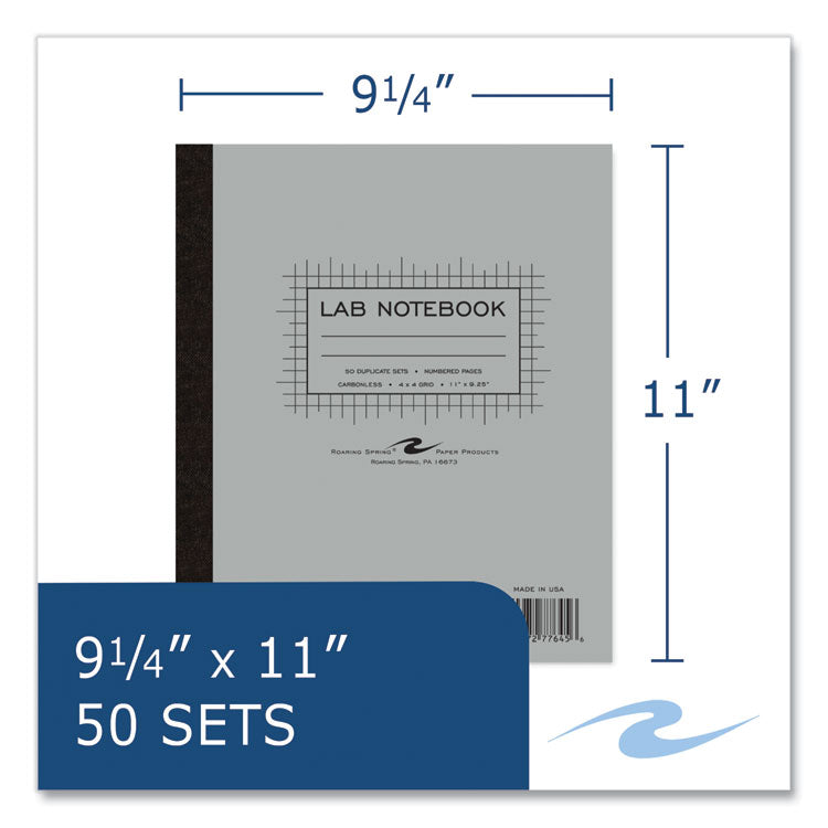 Roaring Spring® Lab and Science Carbonless Notebook, Quadrille Rule (4 sq/in), Gray Cover, (100) 11 x 9.25 Sheets, 12/Carton (ROA77645CS) Case of 12