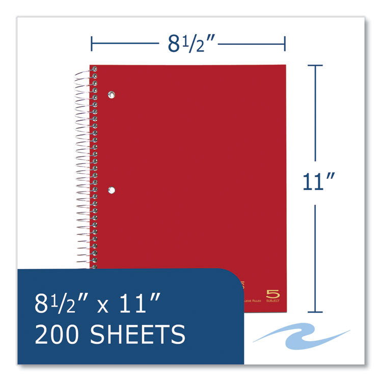 Roaring Spring® Wirebound Notebook with Tabs, 5-Subject, College Rule, Randomly Assorted Cover Color, (200) 11 x 8.5 Sheets, 12/Carton (ROA11197CS)