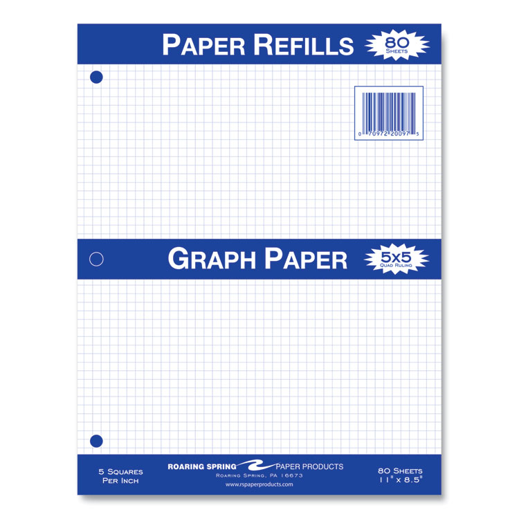 Roaring Spring® Graph Filler Paper, 3-Hole, 8.5 x 11, Quadrille: 5 sq/in, 80 Sheets/Pack, 24 Packs/Carton, Ships in 4-6 Business Days (ROA20097CS) Case of 24