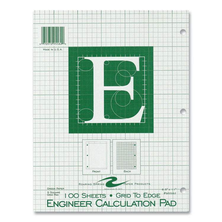 Roaring Spring® Engineer Pad, (1.25" Margin), Quad Rule (5 sq/in, 1 sq/in), 100 Lt Green 8.5x11 Sheets/Pad, 24/CT, Ships in 4-6 Business Days (ROA95582CS) Case of 24