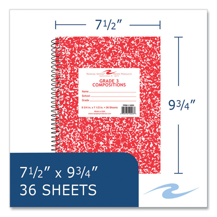 Roaring Spring® Wirebound Composition Book, 1 Sub, Grade 1 Manuscript Format, Red Cover, (36) 9.75 x 7.5 Sheet, 48/CT, Ships in 4-6 Bus Days (ROA10203CS) Case of 48