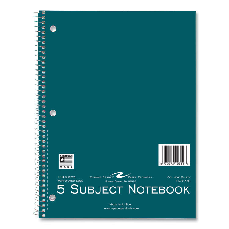 Roaring Spring® Subject Wirebound Notebook, 5-Subject, Medium/College Rule, Asst Cover, (180) 10.5 x 8 Sheets, 12/CT, Ships in 4-6 Bus Days (ROA10381CS) Case of 12