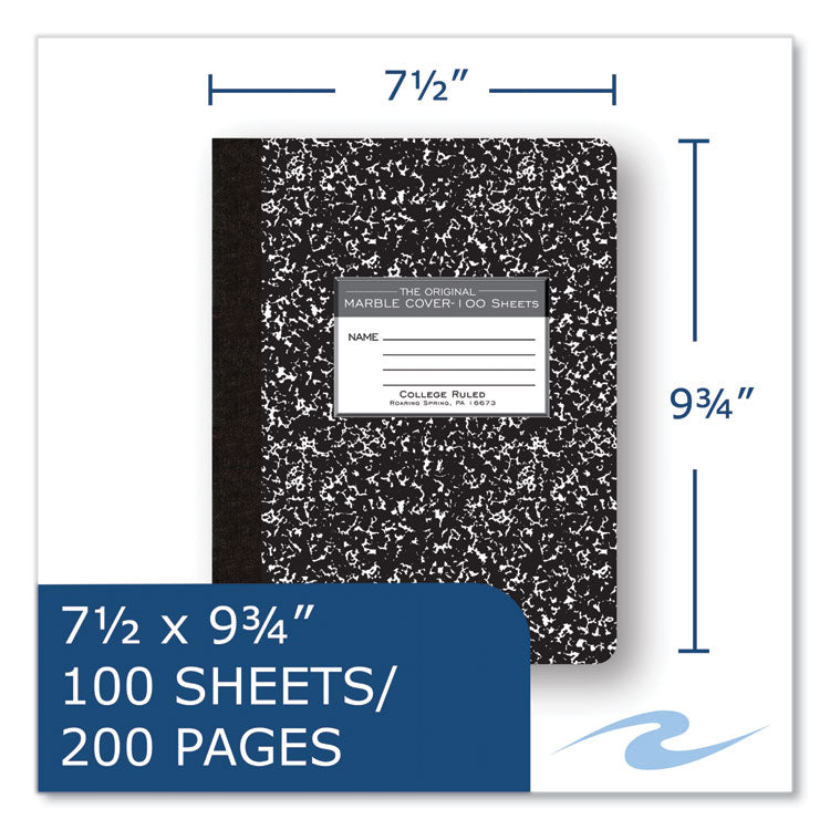 Roaring Spring® Hardcover Marble Composition Book, Med/College Rule, Black Marble Cover, (100) 9.75 x 7.5 Sheet, 24/CT, Ships in 4-6 Bus Days (ROA77264CS)