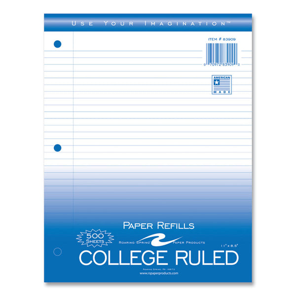 Roaring Spring® Loose Leaf Paper, 8.5 x 11, 3-Hole Punched, College Rule, White, 500 Sheets/Pack, 5 Packs/Carton, Ships in 4-6 Business Days (ROA83909CS)