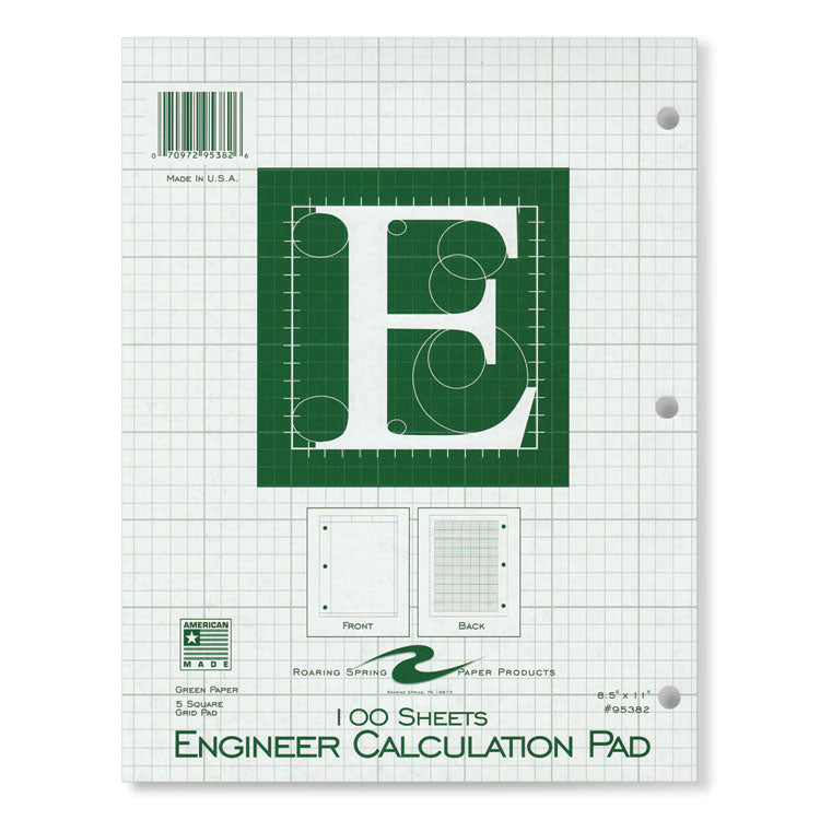 Roaring Spring® Engineer Pad, (0.5" Margins), Quad Rule (5 sq/in, 1 sq/in) 100 Lt Green 8.5x11 Sheets/Pad, 24/CT, Ships in 4-6 Business Days (ROA95382CS) Case of 24