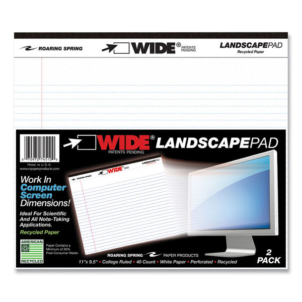 Roaring Spring® WIDE Landscape Format Writing Pad, Medium/College Rule, 40 White 11 x 9.5 Sheets, 18/Carton, Ships in 4-6 Business Days (ROA74510CS)