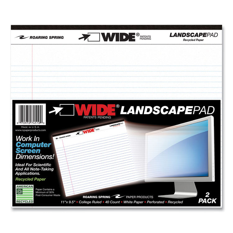 Roaring Spring® WIDE Landscape Format Writing Pad, Medium/College Rule, 40 White 11 x 9.5 Sheets, 18/Carton, Ships in 4-6 Business Days (ROA74510CS) Case of 18