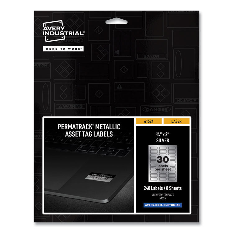 Avery® PermaTrack Metallic Asset Tag Labels, Laser Printers, 0.75 x 2, Metallic Silver, 30/Sheet, 8 Sheets/Pack (AVE61524)